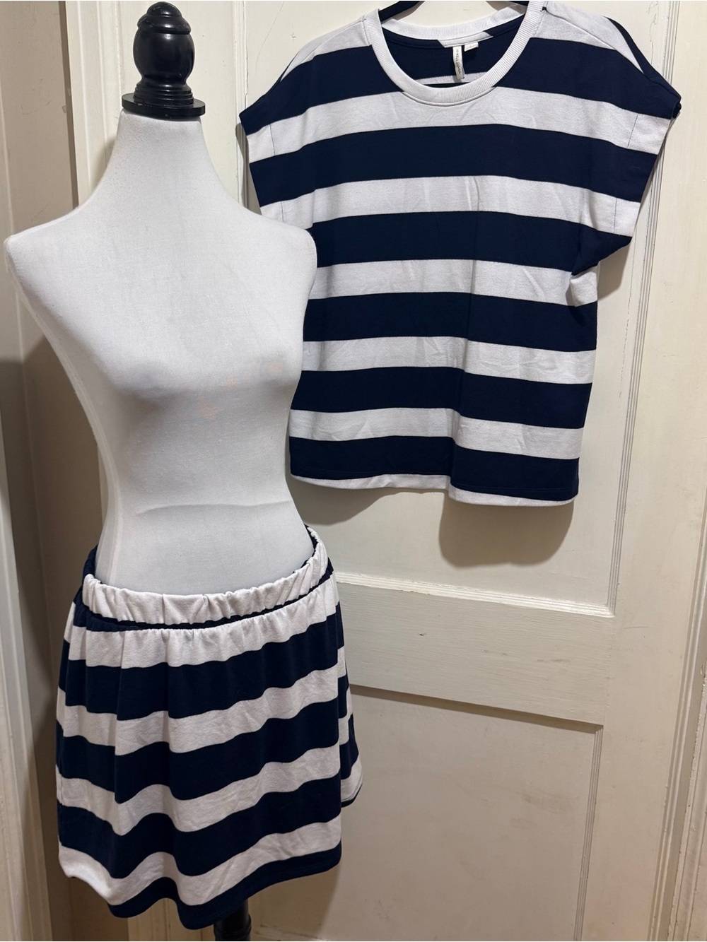 Navy and White Striped Casual Skirt Set